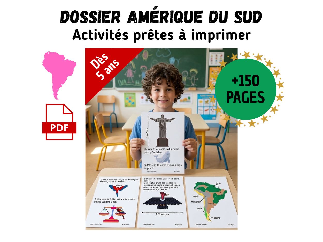 Enfant en classe tenant une fiche pédagogique sur le Christ Rédempteur, issue d'un dossier de 150 pages sur l'Amérique du Sud.