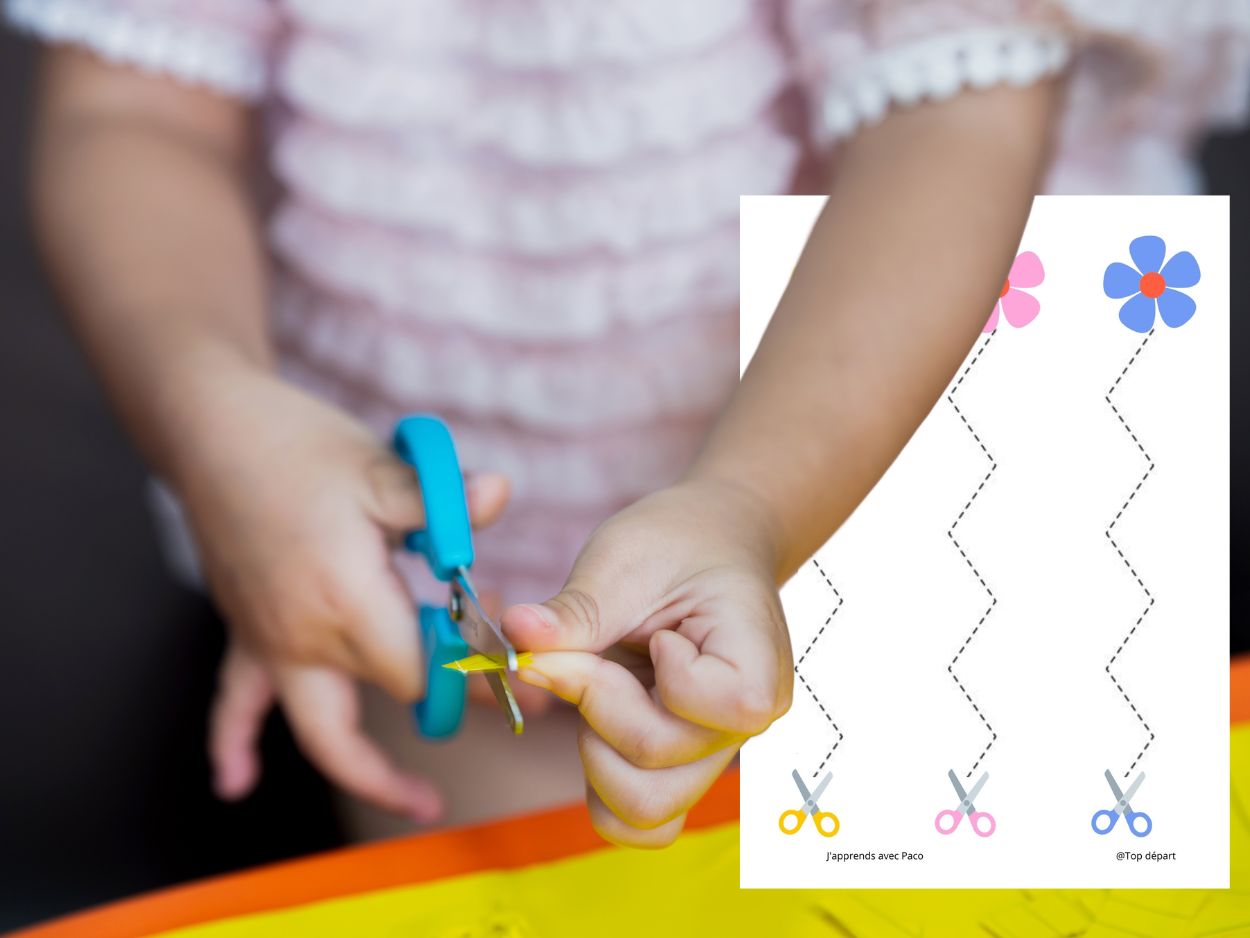 Enfant découpant avec précision une ligne pointillée en zigzag menant à des fleurs colorées (jaune, rose, bleue).
