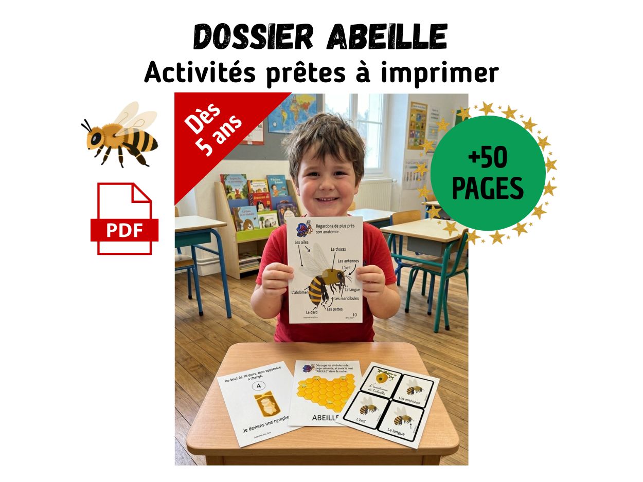 Enfant souriant tenant une fiche pédagogique sur l'anatomie de l'abeille, kit d'activités à imprimer dès 5 ans.