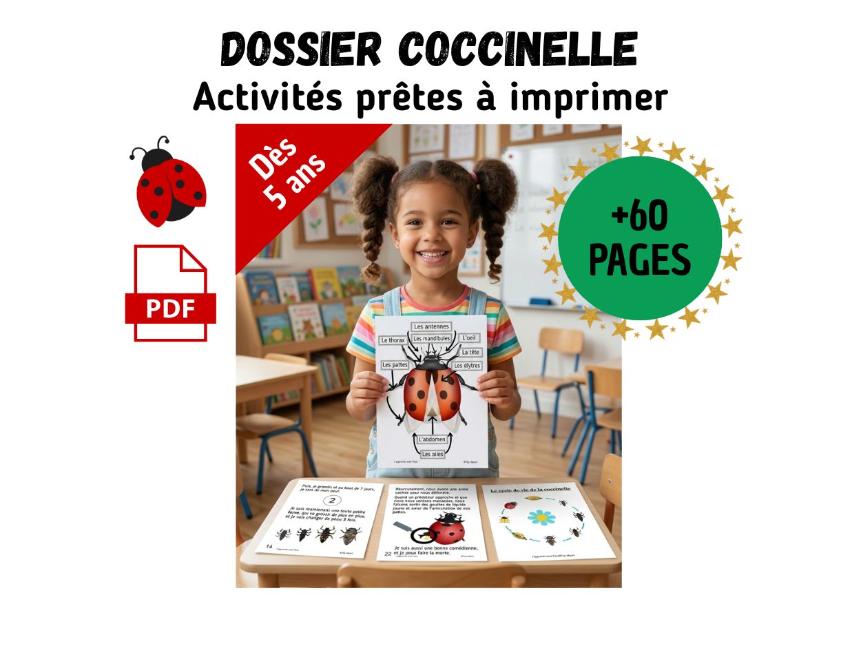 Une petite fille dans une salle de classe tenant une fiche pédagogique sur l'anatomie de la coccinelle, entourée de livrets d'activités pour enfants à imprimer.