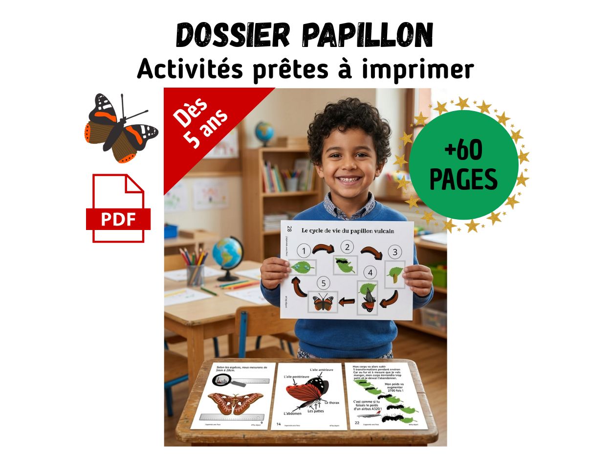 Un jeune garçon souriant en classe présentant une fiche sur le cycle de vie du papillon Vulcain, issu d'un dossier pédagogique de plus de 50 pages.