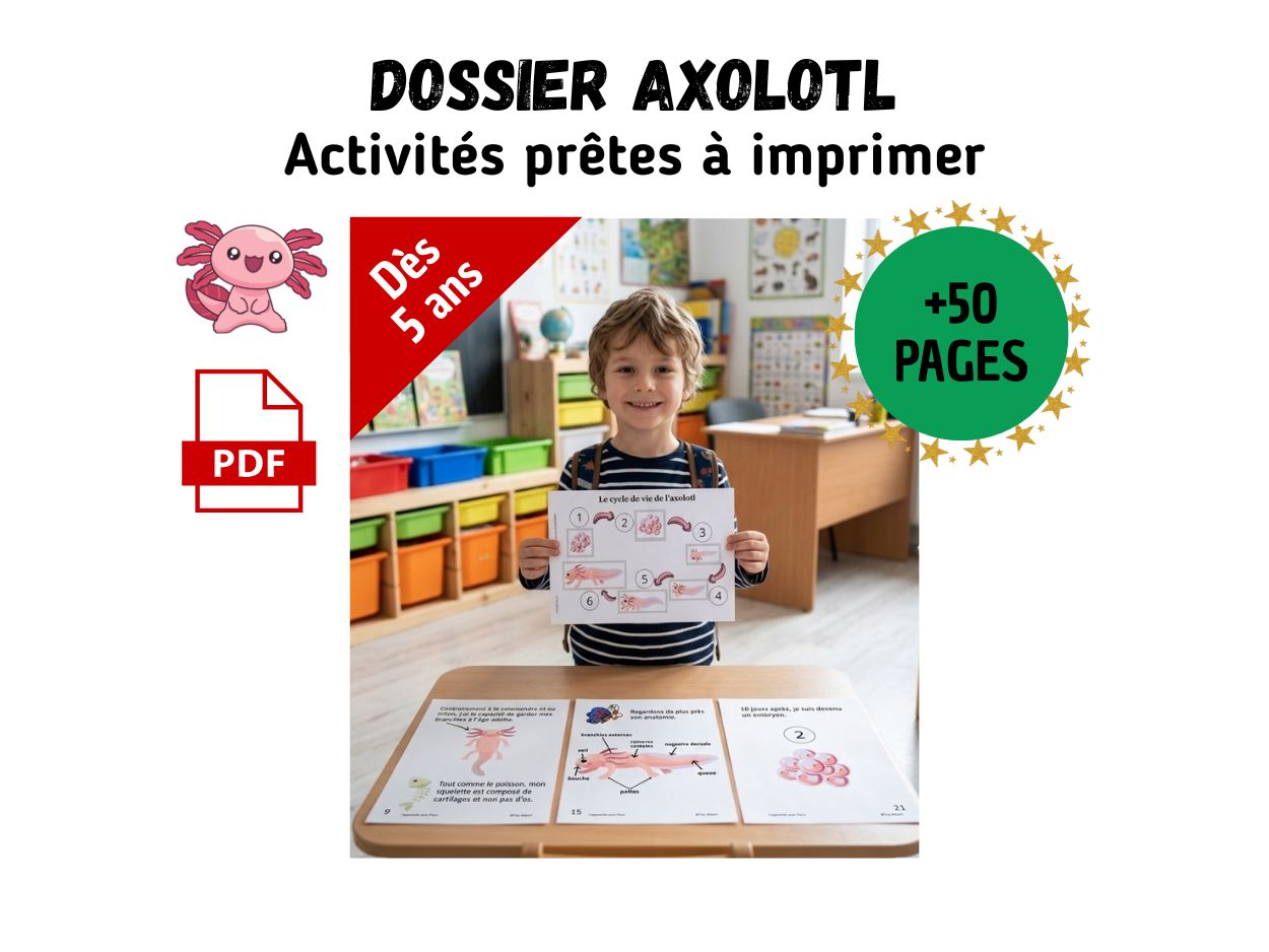 Enfant souriant tenant une fiche d'activité sur le cycle de vie de l'axolotl, dossier pédagogique de plus de 50 pages à imprimer dès 5 ans.