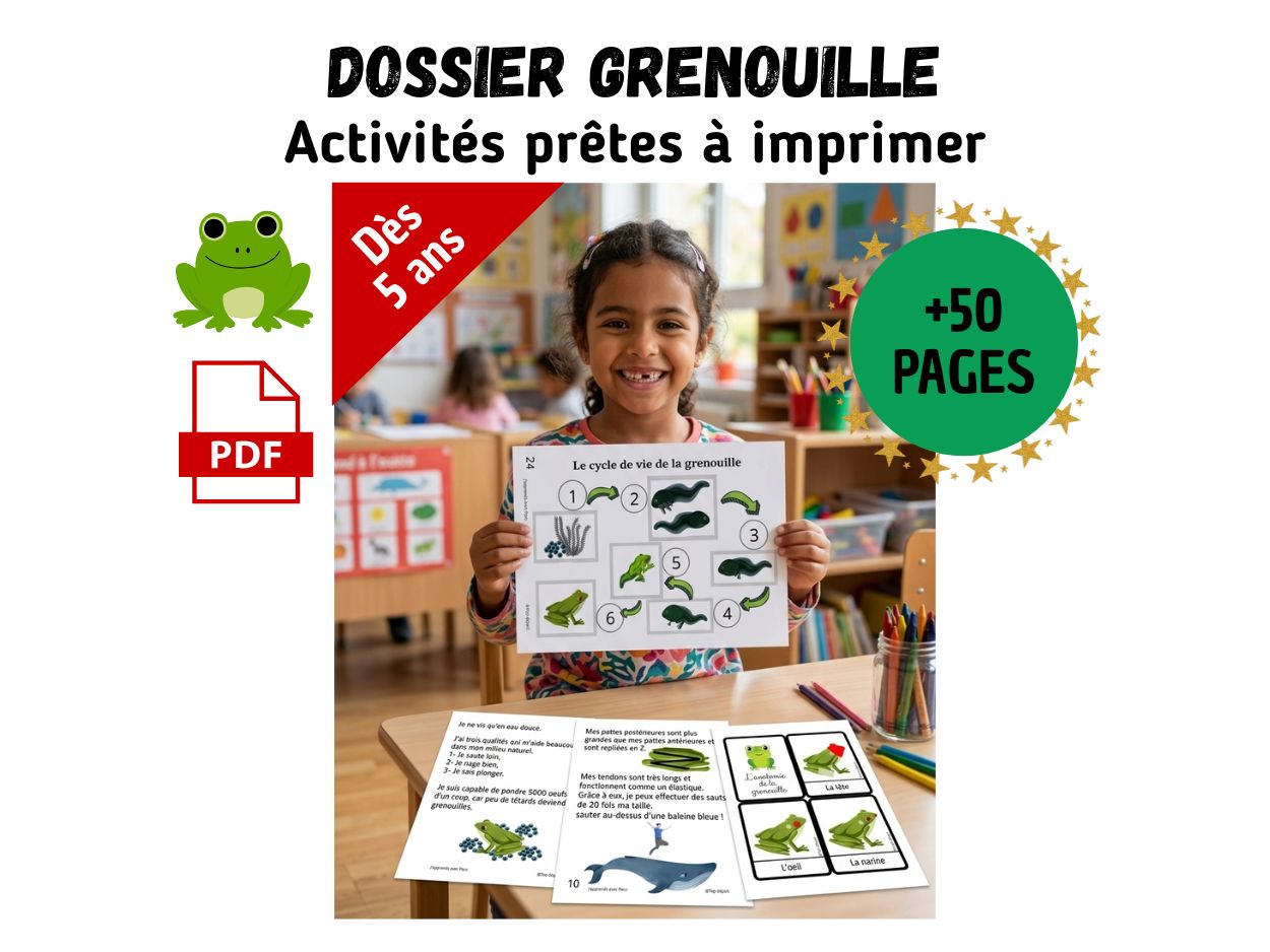 Enfant souriante présentant un dossier pédagogique sur le cycle de vie de la grenouille avec fiches à imprimer.