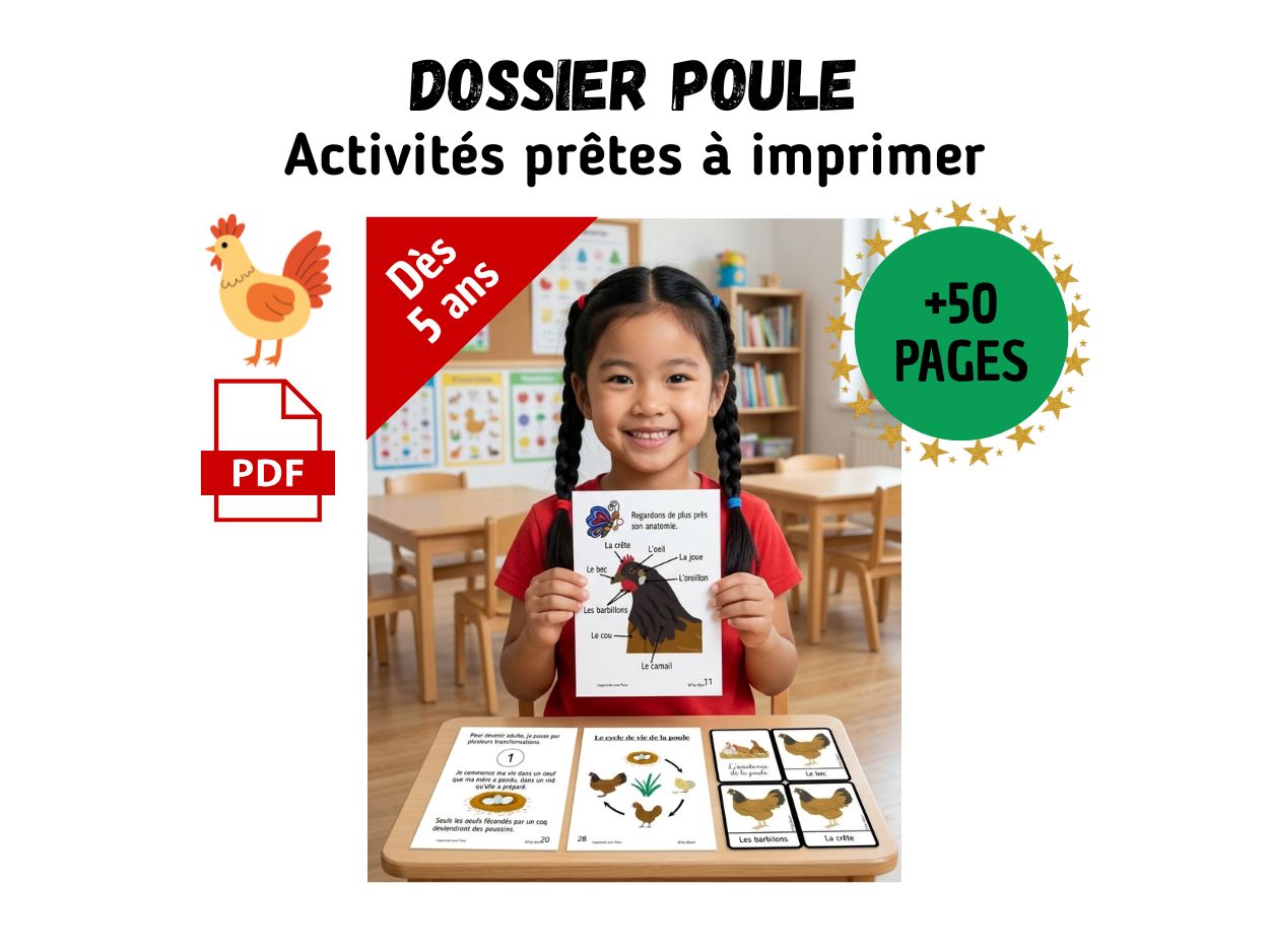 Petite fille souriante présentant un dossier pédagogique sur l'anatomie de la poule avec fiches d'activités à imprimer.