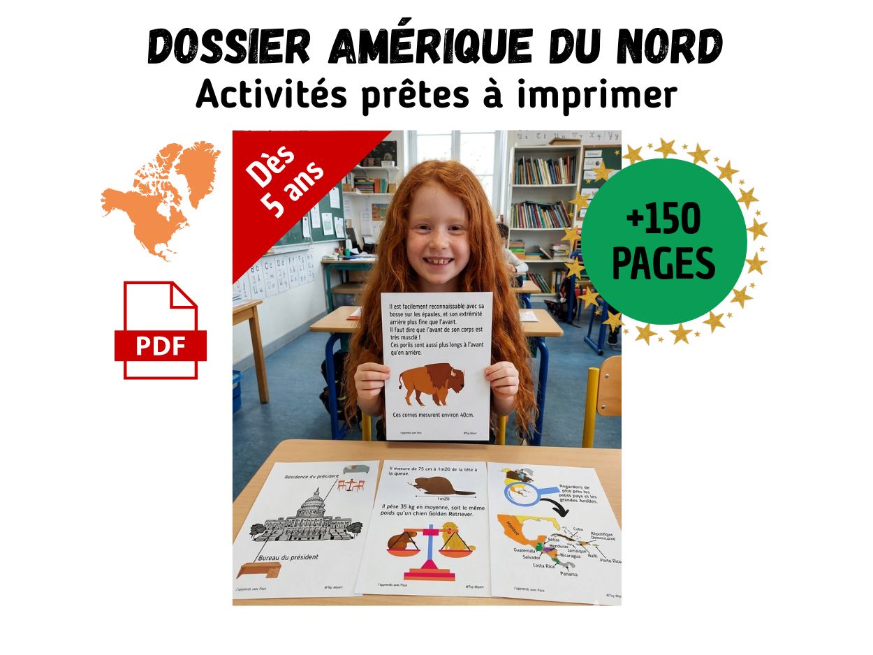 Petite fille souriante montrant une fiche sur le bison d'Amérique du Nord, entourée de supports visuels sur la géographie et les monuments américains.