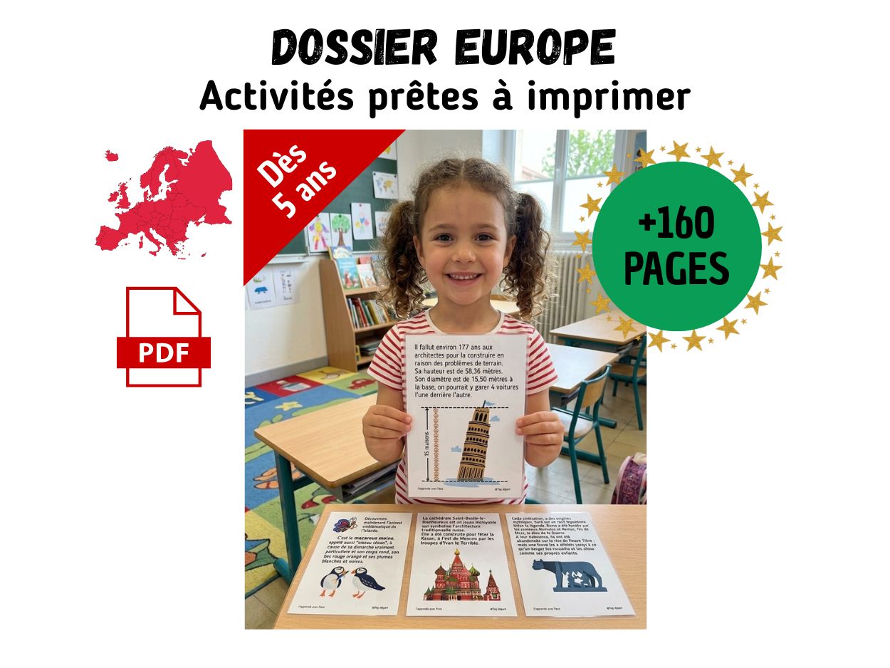 Petite fille en classe présentant une fiche d'activité sur la Tour de Pise issue d'un dossier pédagogique sur l'Europe de plus de 160 pages.