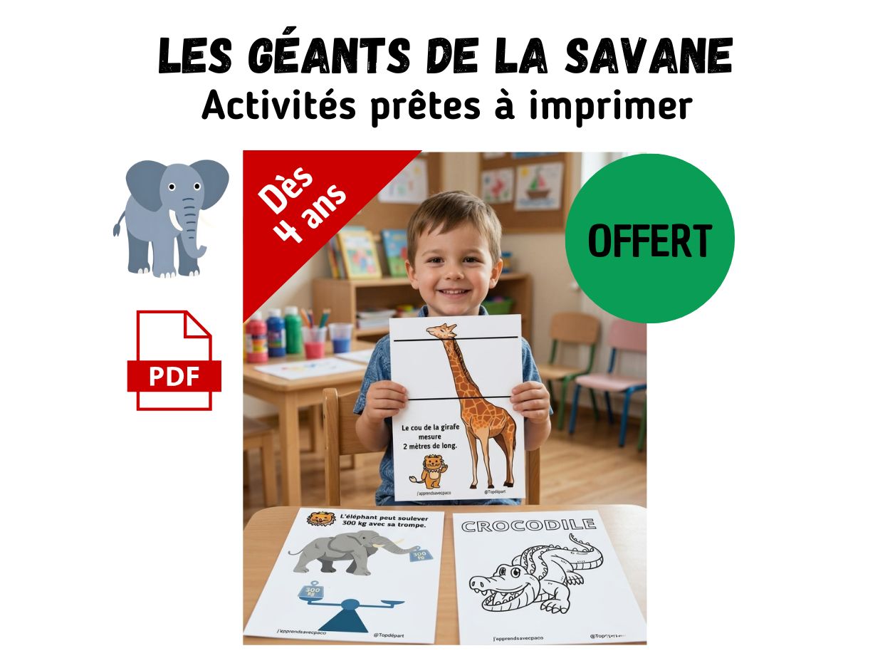 Jeune garçon souriant présentant son exercice de collage terminé sur la taille de la girafe et le poids de l'éléphant.