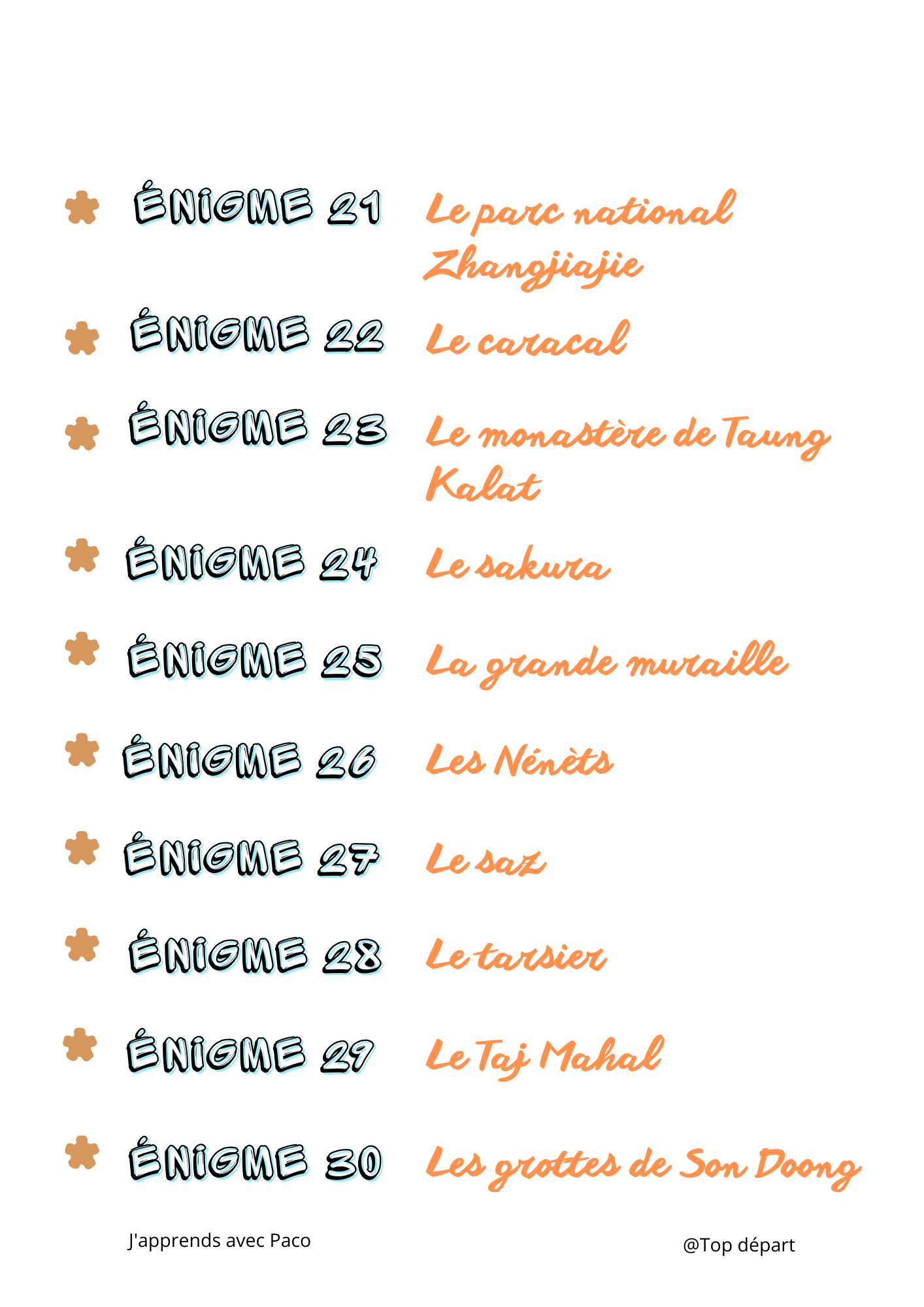Liste des énigmes 21 à 30 du dossier Asie incluant le Taj Mahal, la Grande Muraille de Chine, le parc Zhangjiajie et les grottes de Son Doong.