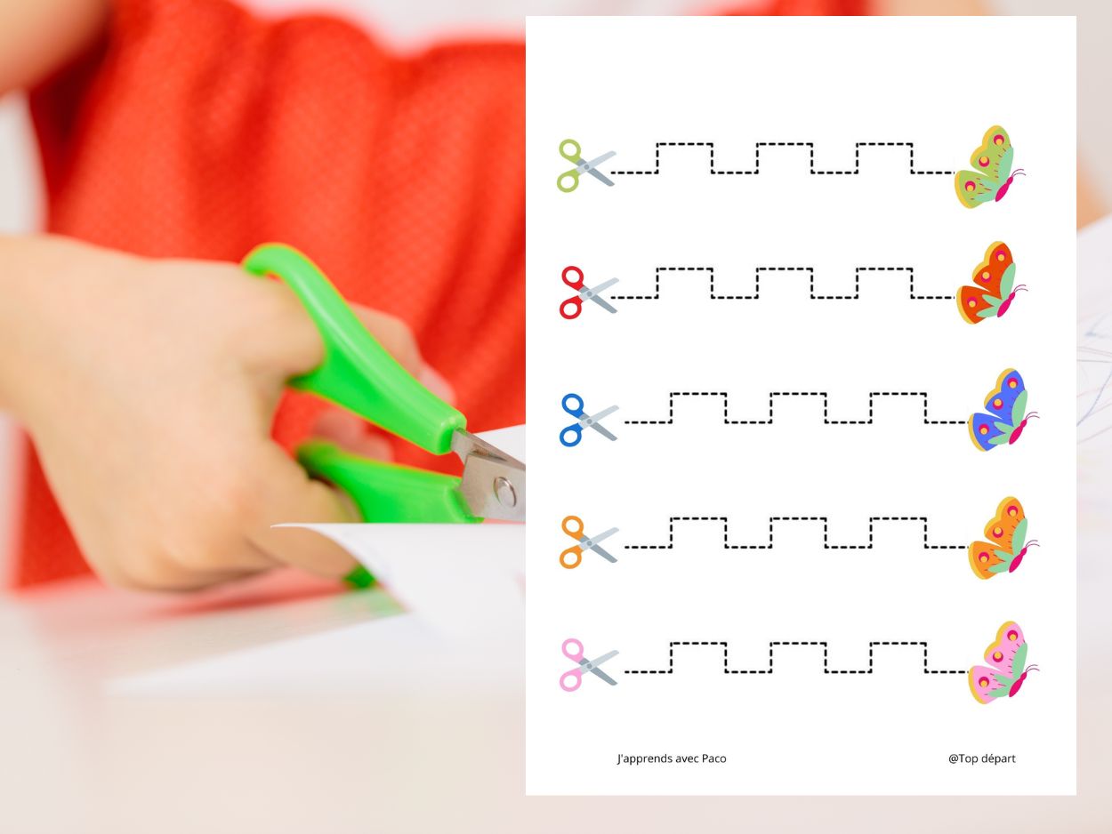 Main d'enfant utilisant des ciseaux de sécurité verts pour découper une ligne en créneaux sur une fiche éducative avec des papillons colorés.