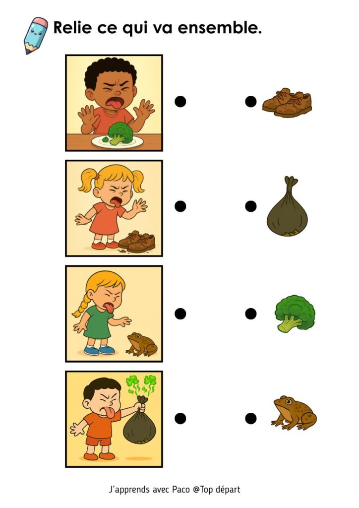 Fiche pédagogique "Relie ce qui va ensemble" montrant des enfants exprimant le dégoût face à des brocolis, des chaussures sales, un crapaud et un sac poubelle.