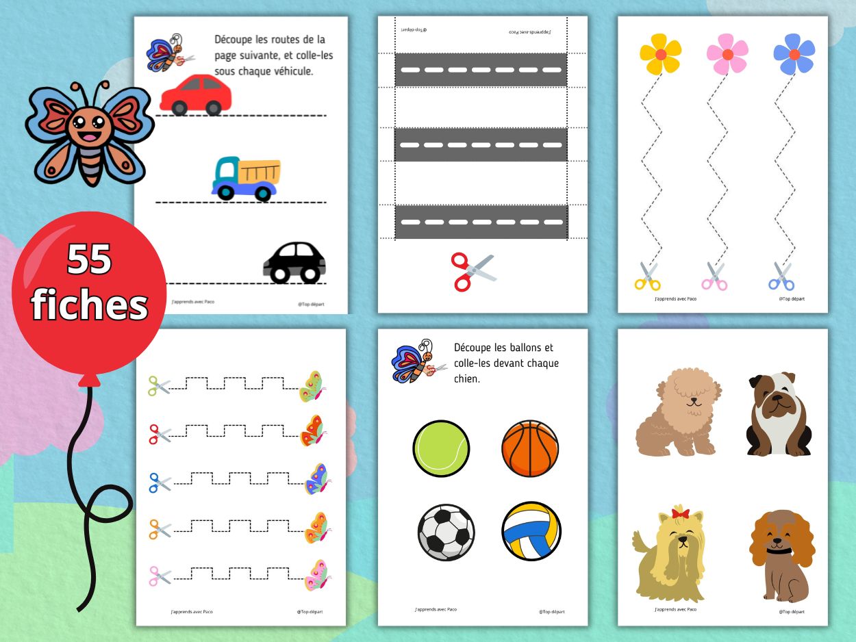 Aperçu d'un pack de 55 fiches pédagogiques pour apprendre à découper : motifs de voitures, fleurs, papillons et animaux.