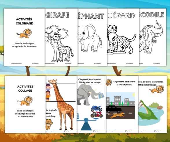 Aperçu des fiches d'activités "Les Géants de la Savane" avec coloriages de girafe, éléphant, guépard et crocodile.
