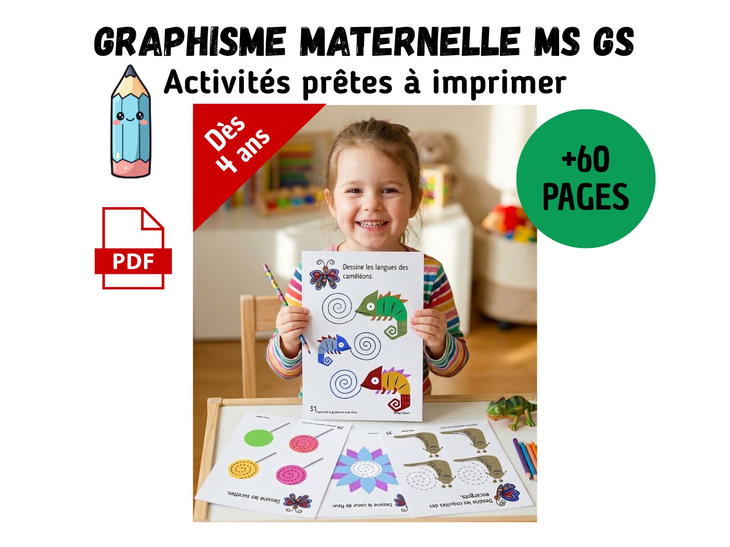 Petite fille souriante montrant sa fiche de graphisme terminée avec des tracés de spirales pour caméléons.