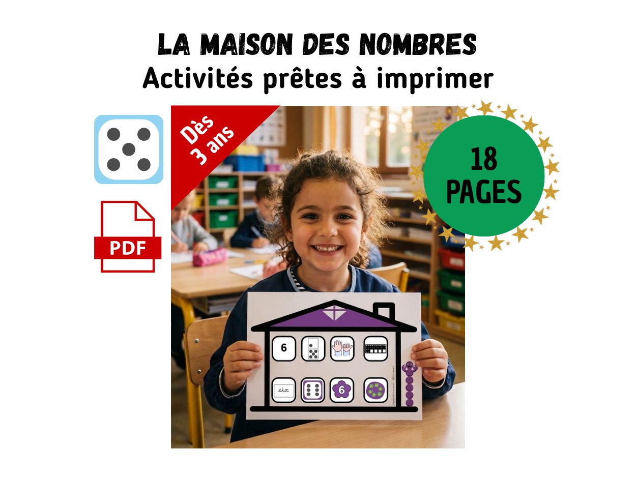 Petite fille souriante en classe présentant une fiche de la Maison des Nombres pour apprendre à compter, pack PDF de 18 pages d'activités pédagogiques dès 3 ans.