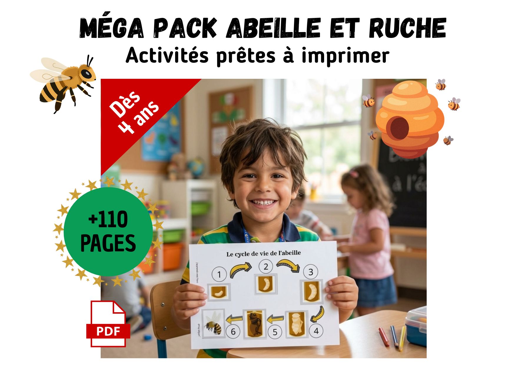 Un enfant souriant tenant une fiche pédagogique sur le cycle de vie de l'abeille, issu du pack d'activités "Abeille et Ruche" pour enfants dès 4 ans.