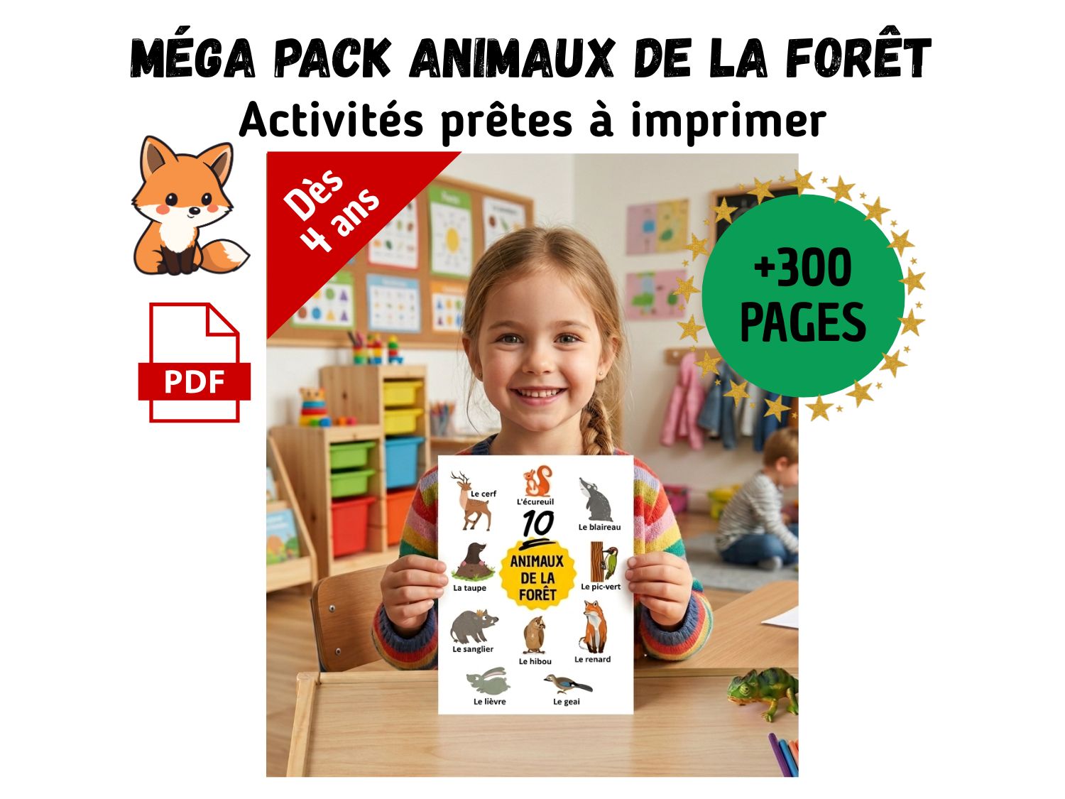 Une petite fille souriante présente une fiche pédagogique illustrée listant 10 animaux de la forêt, avec des icônes de cerf, renard, écureuil et hibou.
