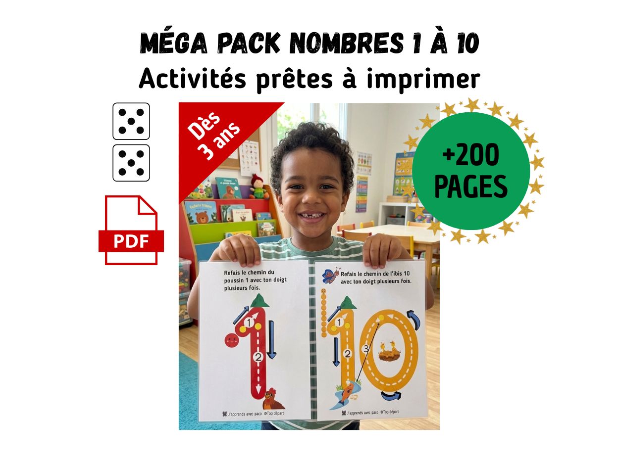 Enfant souriant présentant des fiches d'activités à imprimer pour apprendre à tracer les chiffres 1 et 10, méthode sensorielle dès 3 ans.
