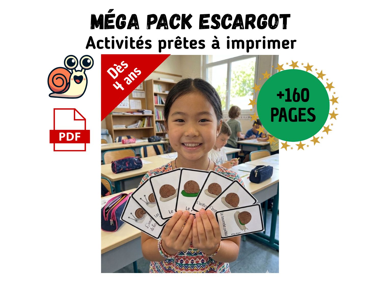 Une jeune élève souriante en classe présentant des cartes de nomenclature sur l'anatomie de l'escargot issues du Méga Pack PDF.