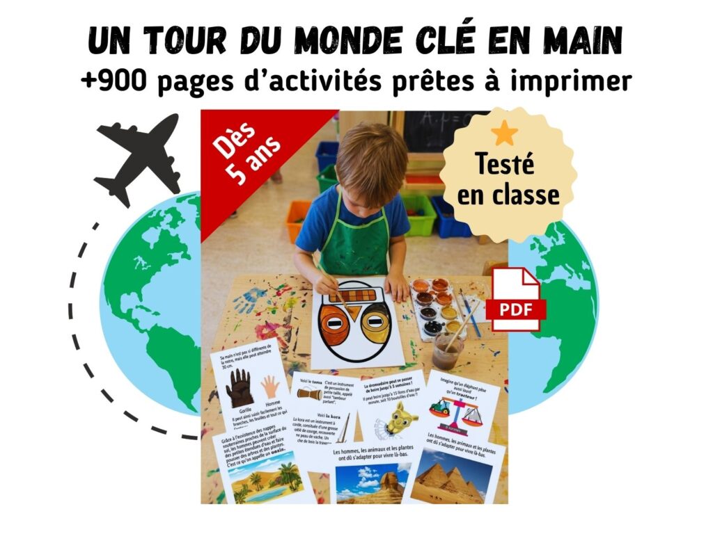 Couverture du pack 'Un tour du monde clé en main'. +900 pages d'activités pédagogiques PDF à imprimer pour enfants dès 5 ans. Testé en classe.