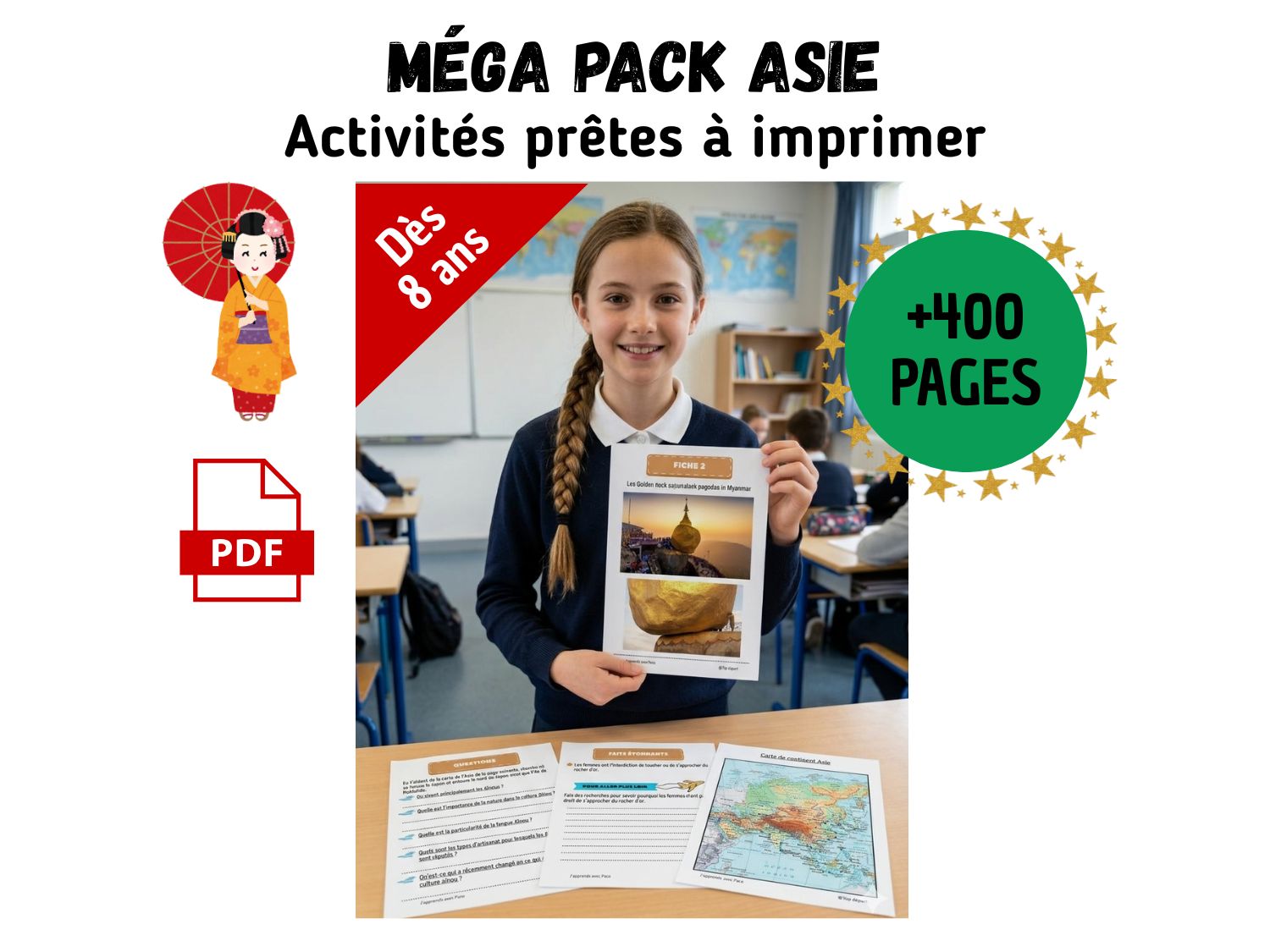 Jeune fille présentant une fiche sur le Rocher d'Or au Myanmar extraite du Méga Pack Asie de plus de 400 pages. Support PDF pour l'école ou l'IEF.