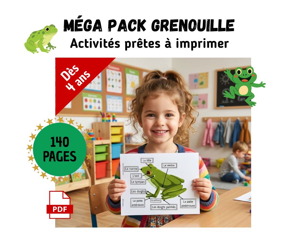 Une petite fille souriante dans une salle de classe présentant une fiche pédagogique sur l'anatomie de la grenouille, issue du pack d'activités "Grenouille" de 140 pages.