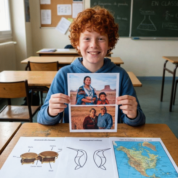 Jeune élève en classe présentant un dossier pédagogique sur l'Amérique du Nord avec carte et fiches documentaires.