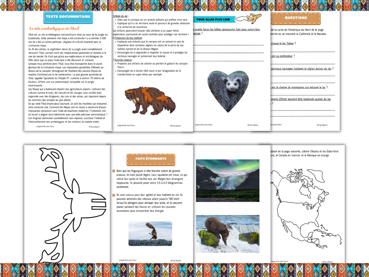 Aperçu des fiches pédagogiques sur les animaux et l'histoire de l'Amérique pour cycle 3.