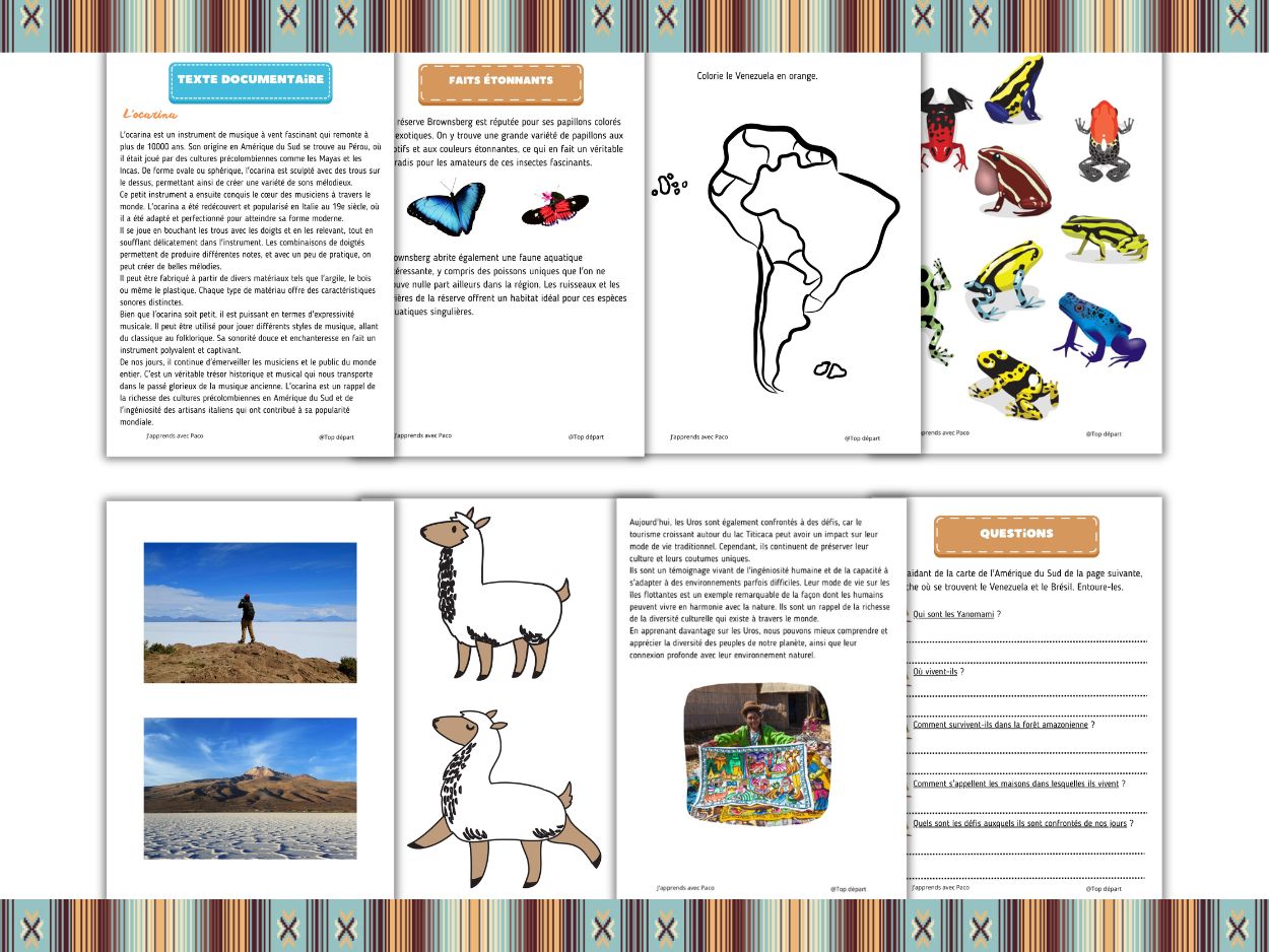Exemple de fiches d'activités sur le continent Amérique du Sud pour le cycle 3.