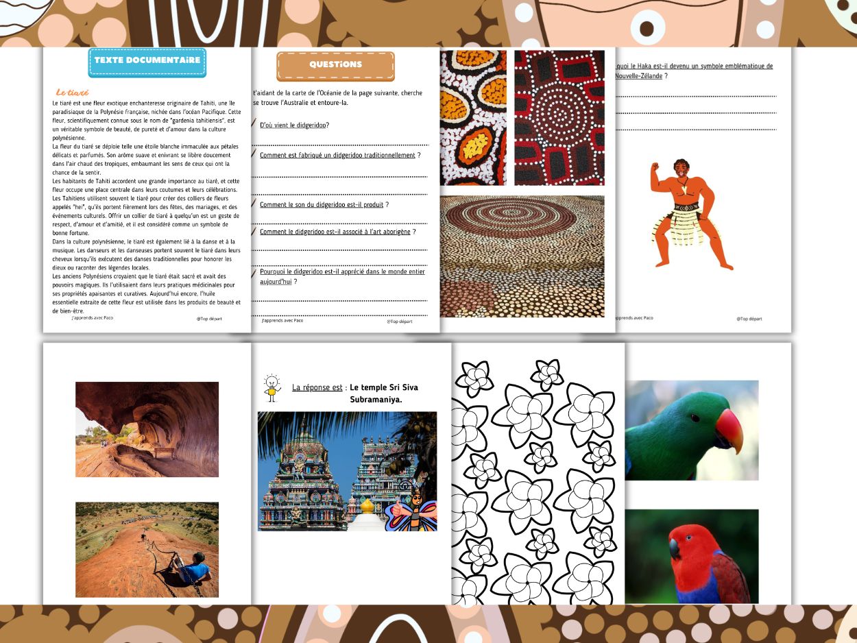 Les aventures de Paco en Océanie, fiches d'activités pour enfants.