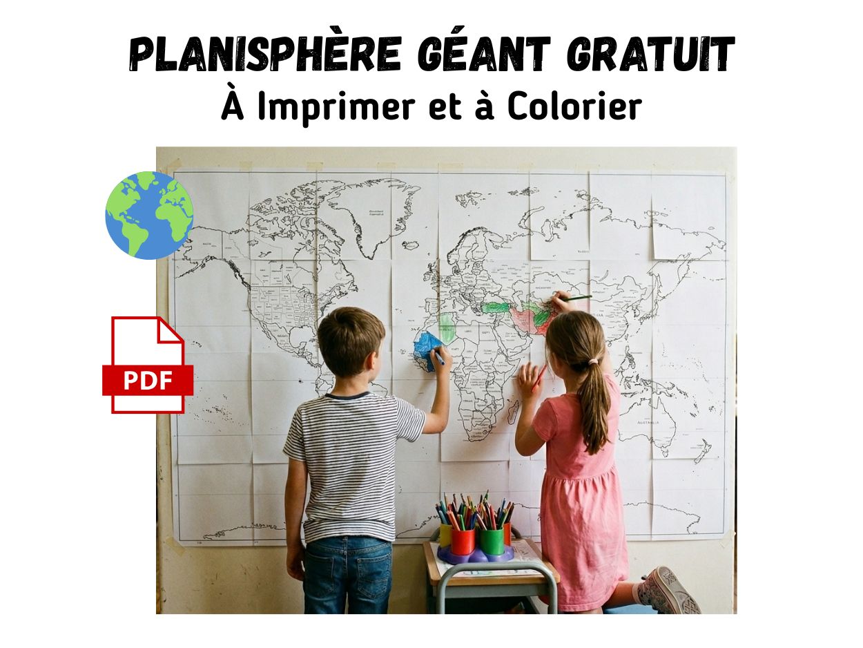 Enfants de dos coloriant un planisphère géant mural assemblé en 36 feuilles A4 dans une salle de classe.