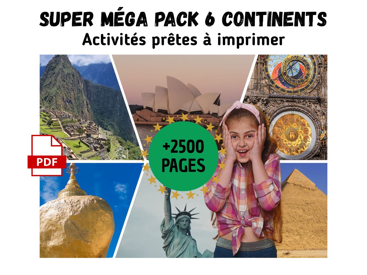 Couverture du Super Méga Pack d'activités pédagogiques sur les 5 continents, prêtes à imprimer en PDF.
