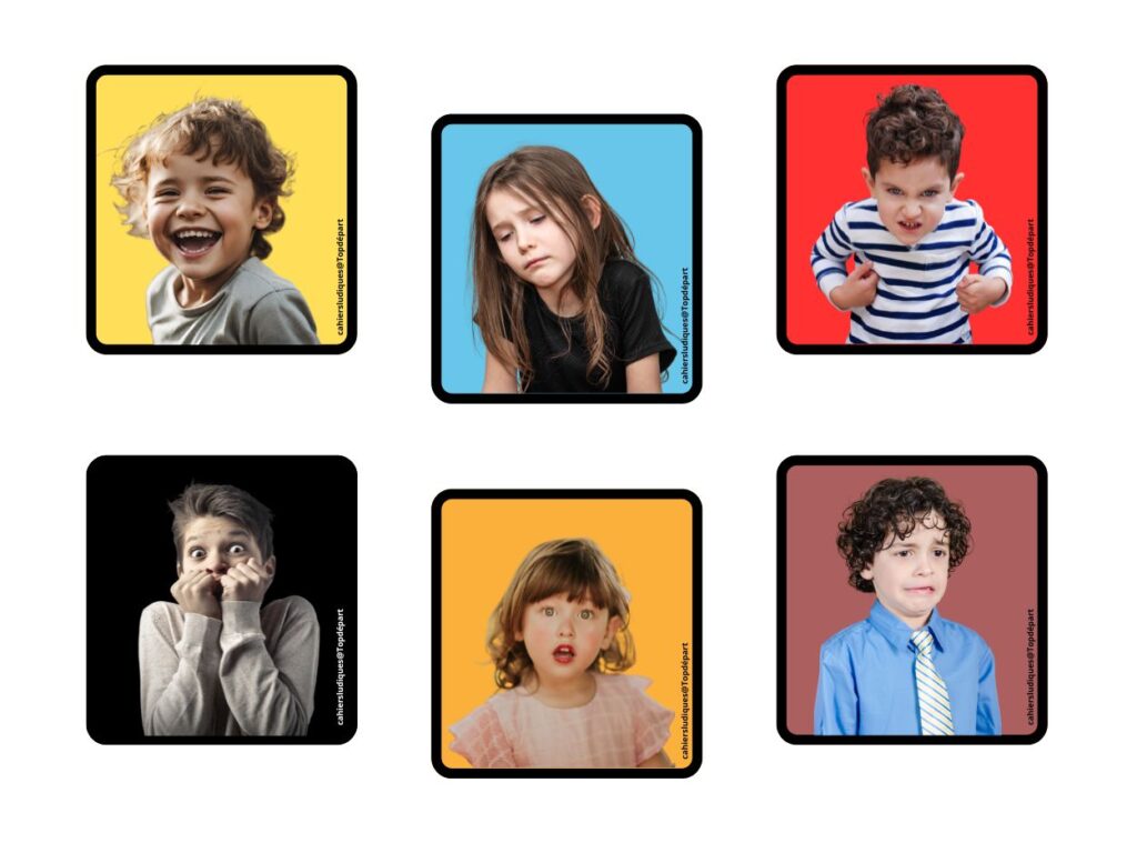 Cartes pédagogiques des 6 émotions fondamentales chez l'enfant : joie, tristesse, colère, peur, surprise et dégoût