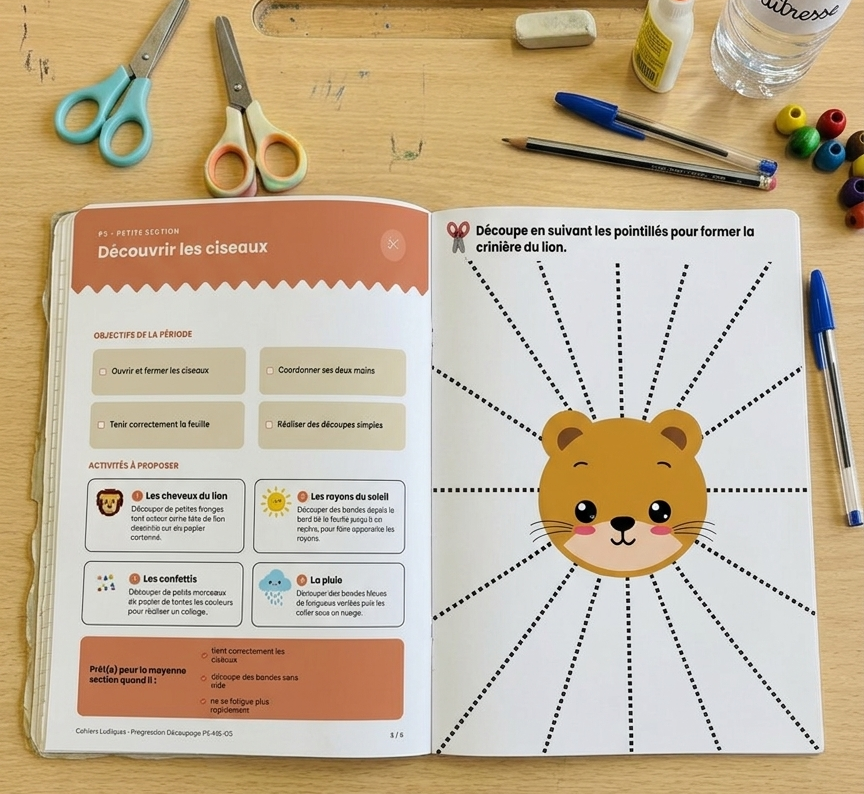 ahier ouvert sur une table présentant une fiche d'exercices de découpage sur le lion pour les enfants de petite section