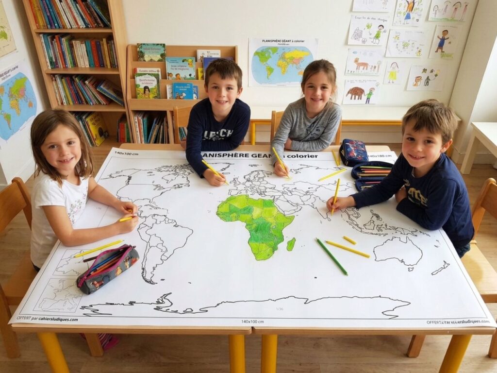 Quatre enfants assis autour d'une table en classe colorient le continent africain en vert sur un planisphère géant à imprimer.