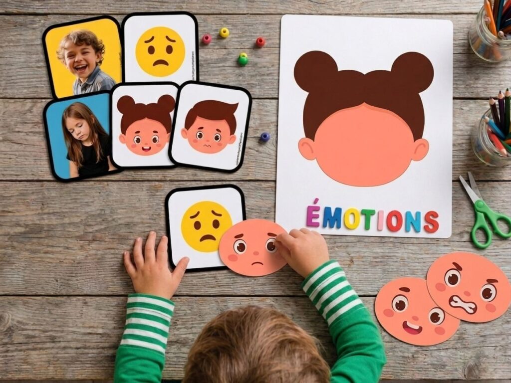 Vue d'en haut d'un enfant en pull à rayures vertes manipulant des cartes d'activités sur une table en bois pour associer des visages et apprendre à reconnaître les émotions.