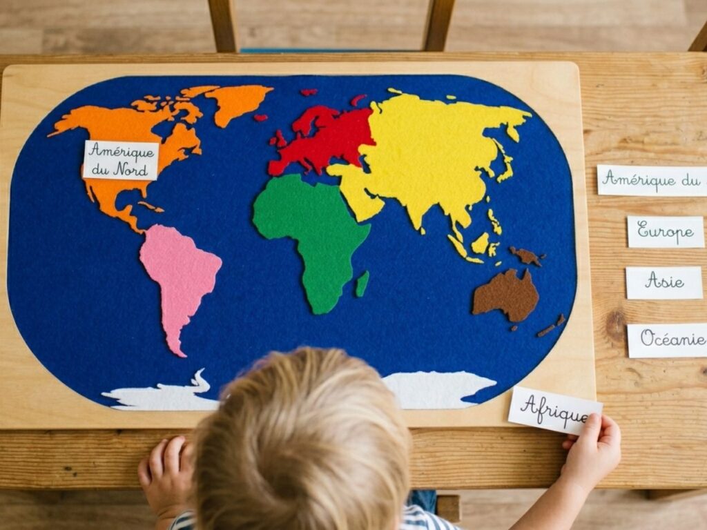 Enfant manipulant des étiquettes de texte pour les placer sur une carte du monde colorée en feutrine.
