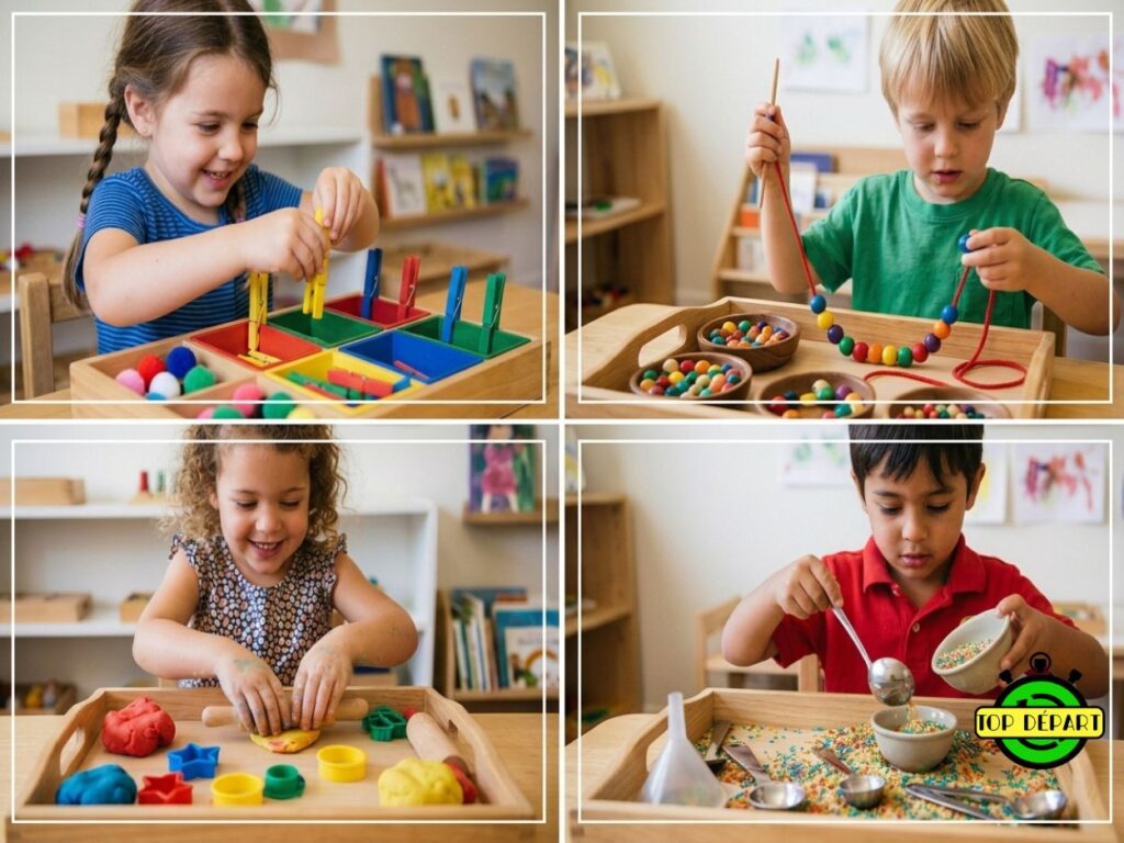 Plateau de motricité fine avec pinces à linge, perles, pâte à modeler et transvasements