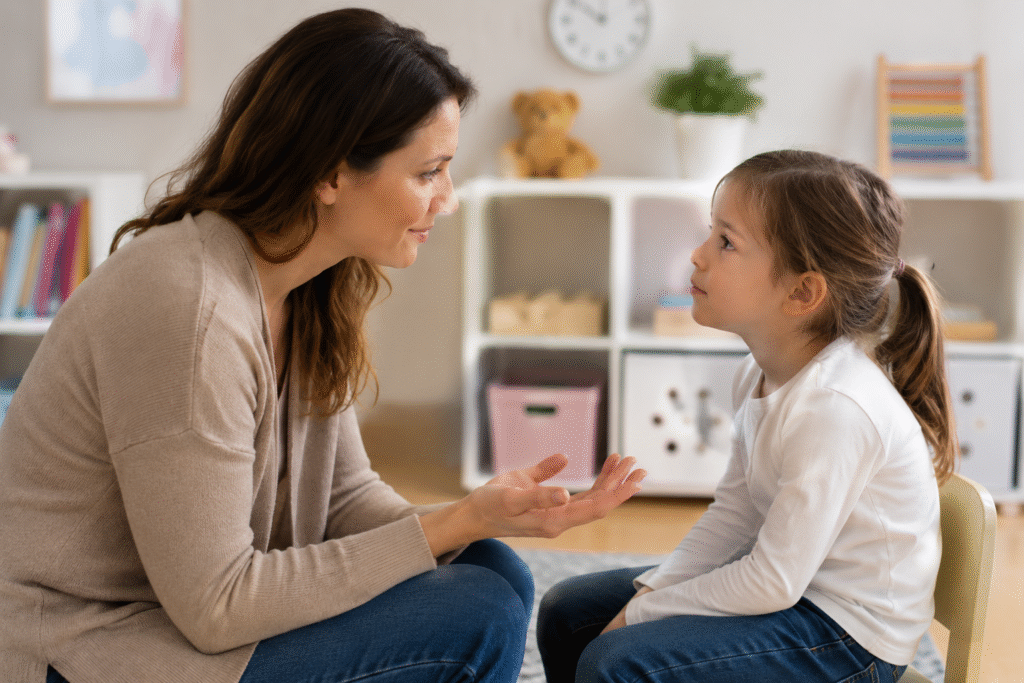 Parent échangeant calmement avec un enfant pour l'aider à reconnaître et exprimer ses émotions