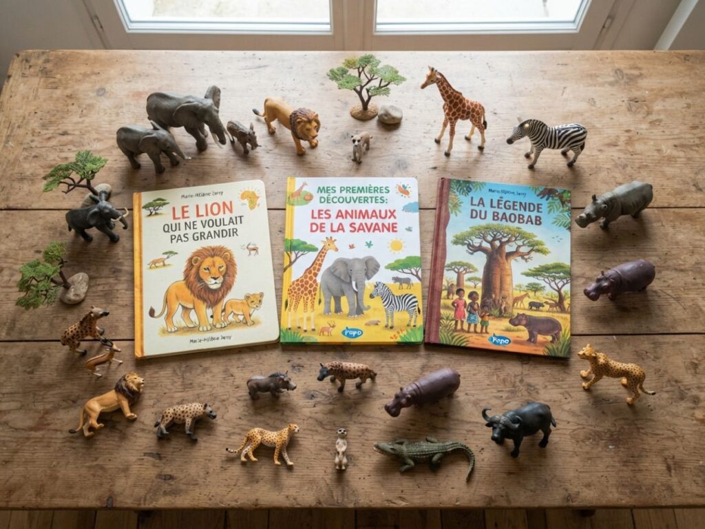 Vue de dessus de trois livres illustrés sur l'Afrique posés sur une table en bois et entourés de figurines d'animaux sauvages (lions, éléphants, girafes).