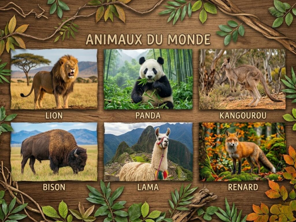 Affiche éducative intitulée Animaux du monde présentant un lion, un panda, un kangourou, un bison, un lama et un renard.