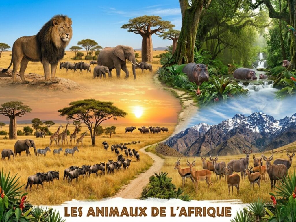Composition d'images intitulée "Les animaux de l'Afrique" avec un lion, un éléphant, un hippopotame, des girafes, des zèbres et des antilopes.
