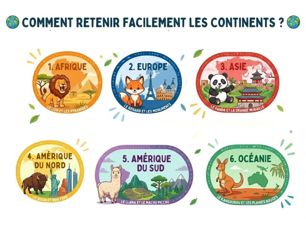 Une infographie intitulée "Comment retenir facilement les continents ?" montrant 6 badges colorés associant chaque continent à un animal et un monument : Afrique (lion), Europe (renard), Asie (panda), Amérique du Nord (bison), Amérique du Sud (lama) et Océanie (kangourou).