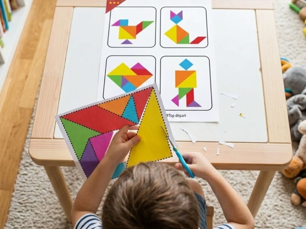 Enfant utilisant des ciseaux pour découper des pièces de tangram colorées sur une feuille de papier, activité éducative de géométrie.