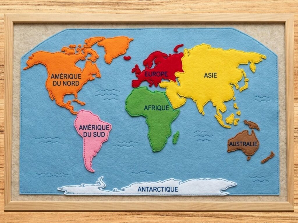 Carte du monde colorée et simplifiée illustrant les 6 continents pour faciliter l'apprentissage des enfants.