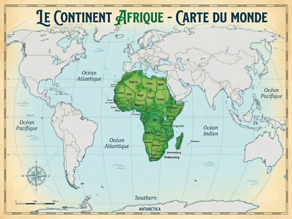 Planisphère vintage en français montrant la situation géographique de l'Afrique mise en valeur en couleur verte.