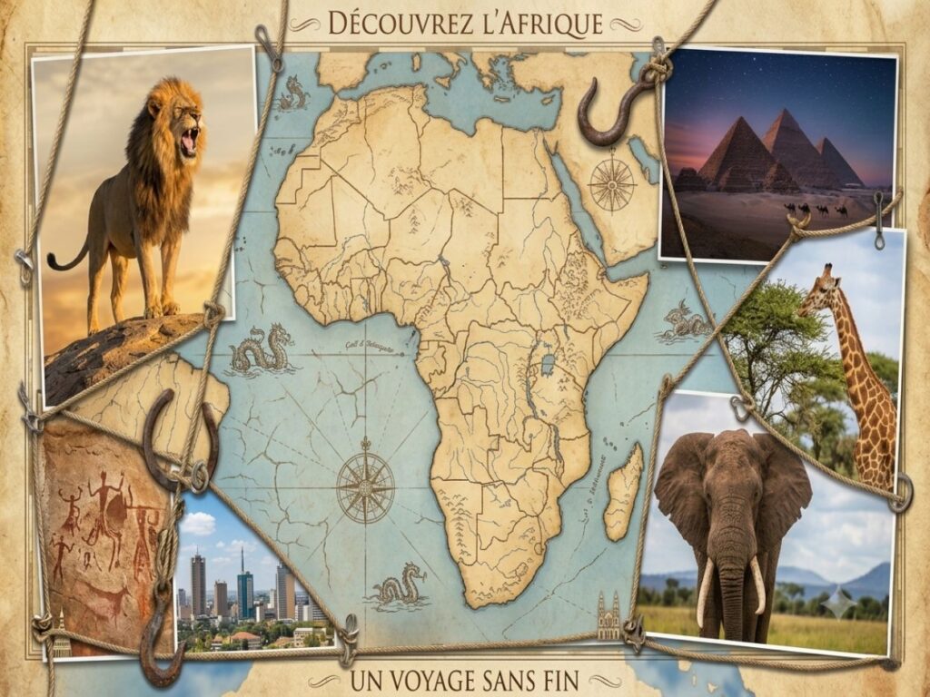 Un montage de style carnet de voyage intitulé "Découvrez l'Afrique" avec une carte centrale entourée de photos de lion, de girafe, d'éléphant, des pyramides et de peintures rupestres.