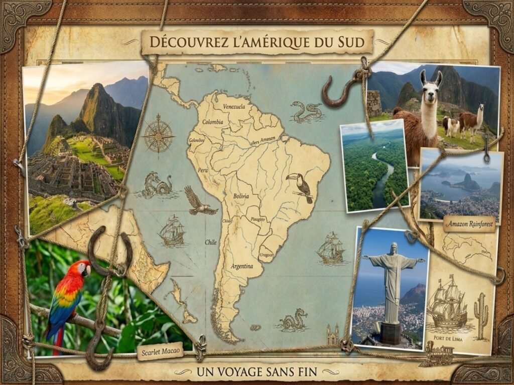 Une carte ancienne de l'Amérique du Sud entourée d'illustrations du Machu Picchu, d'un ara rouge (Scarlet Macao), du Christ Rédempteur de Rio, d'un toucan, de l'Amazone vue du ciel et de lamas.