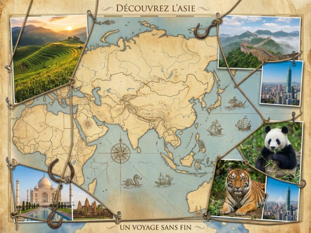 Un panneau pédagogique intitulé "Découvrez l'Asie" montrant une carte du continent entourée de clichés du Taj Mahal, de la Grande Muraille de Chine, de rizières, d'un tigre et d'un panda.