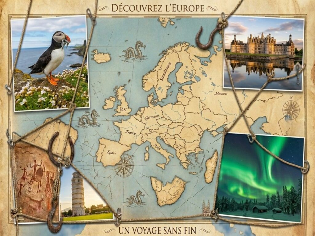 Un grand montage sur fond de parchemin intitulé "Découvrez l'Europe" présentant une carte des pays européens, des photos du château de Chambord, de la tour de Pise, d'un macareux et d'une aurore boréale.
