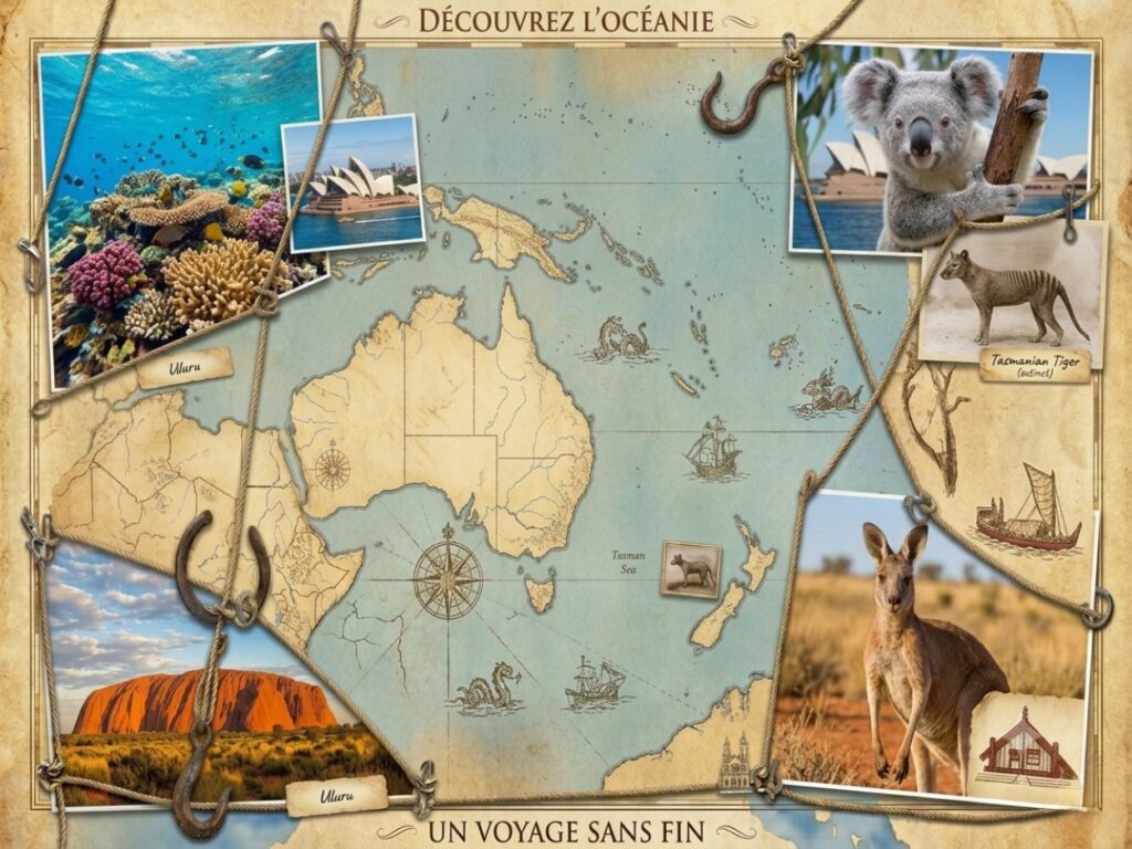 Une carte illustrée de l'Océanie sous le titre "Découvrez l'Océanie", entourée de photos de la grande barrière de corail, de l'Opéra de Sydney, d'un koala, d'un tigre de Tasmanie et d'un kangourou dans le désert rouge.